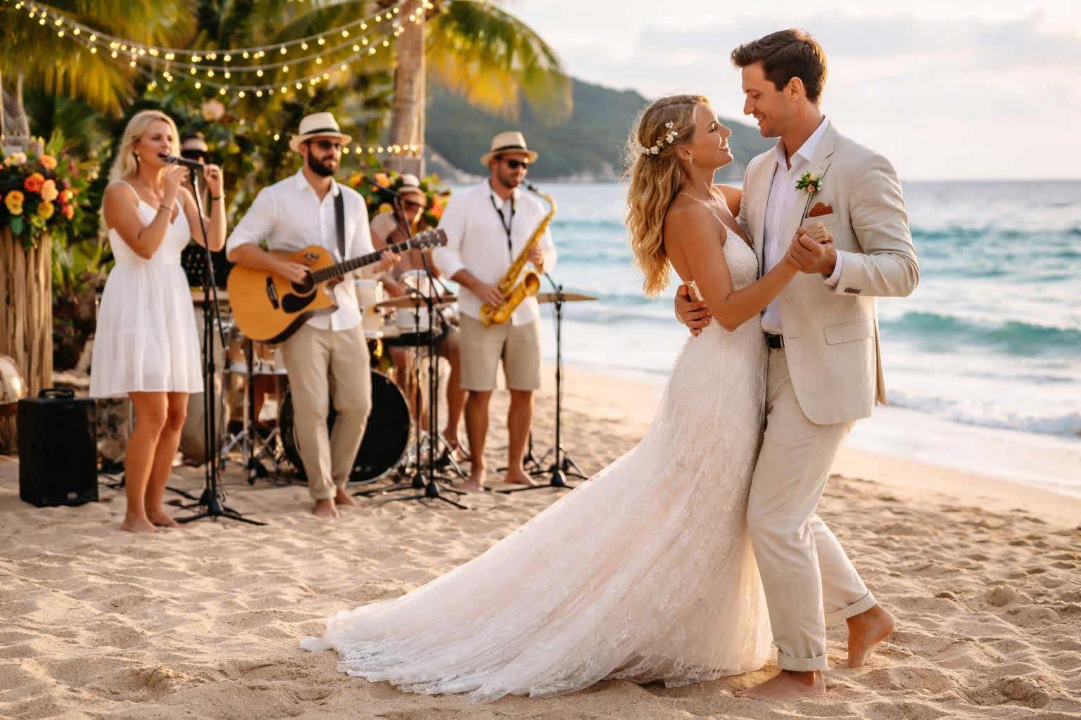Bride and Groom Dancing Barefoot on the Beach at a Mexico Destination Wedding