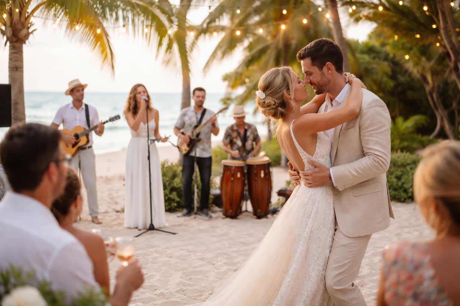 Wedding Couple Celebrating with Live Music at a Mexico Beach Wedding