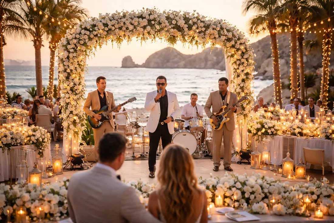 Destination Wedding Reception Band with Bride and Groom
